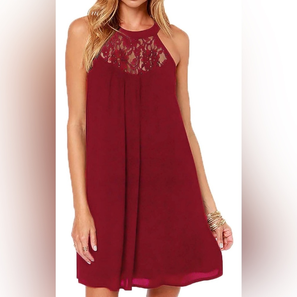 NWT Women's Sleeveless Lace Patchwork Loose Casual Mini Chiffon Dress. Medium